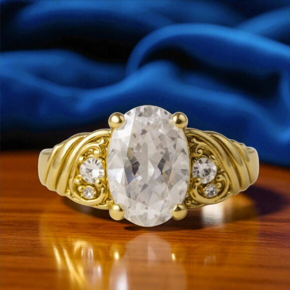 FAUX DIAMOND RING -- Five Faux Stones with Gold Toned Band, Etched with Swirls - Picture 1 of 6